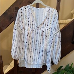 White, with Blue and Red  Patterned Women's S Top